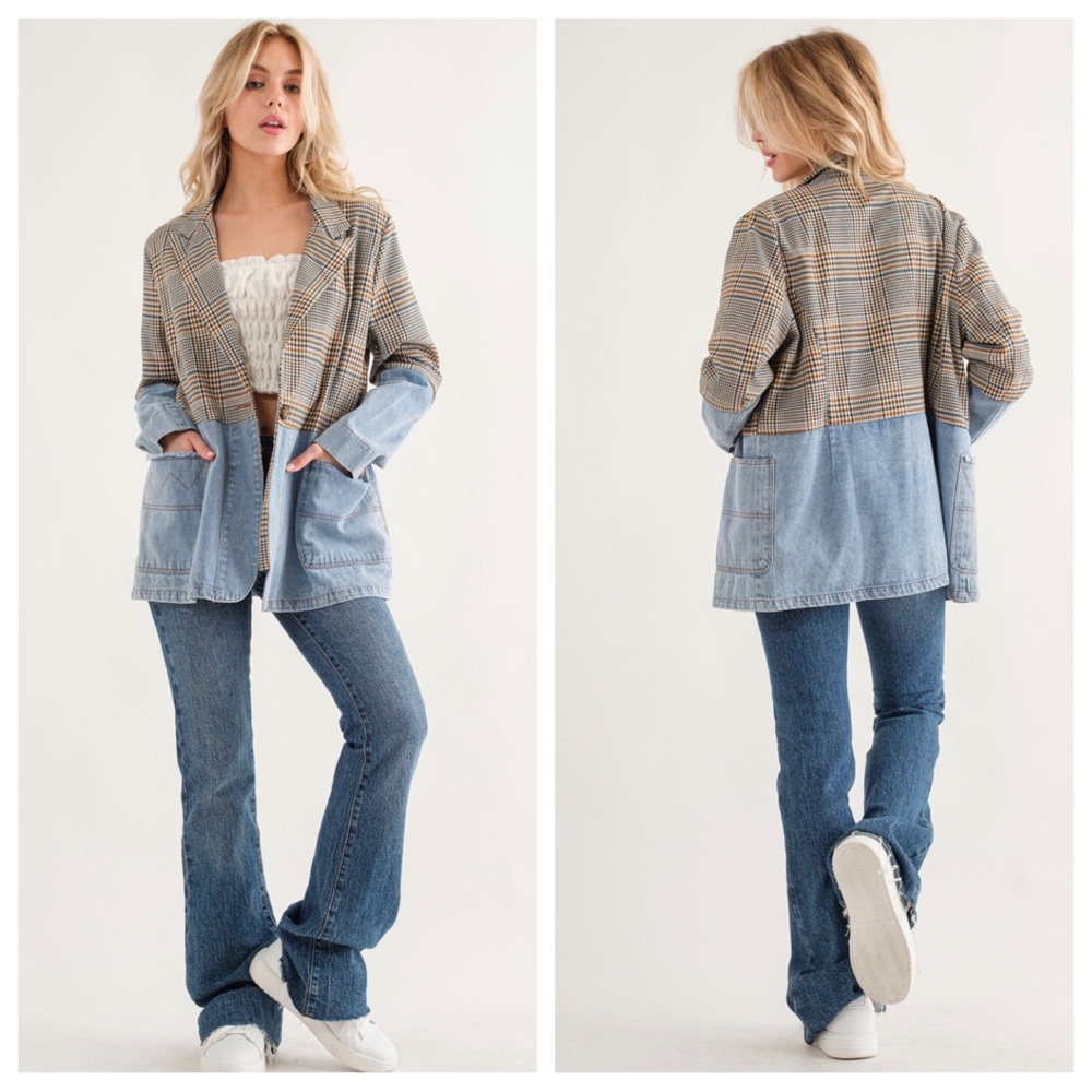 26 Fabulous Plaid and Denim Contrast Single Button Jacket - Picture 6 of 6